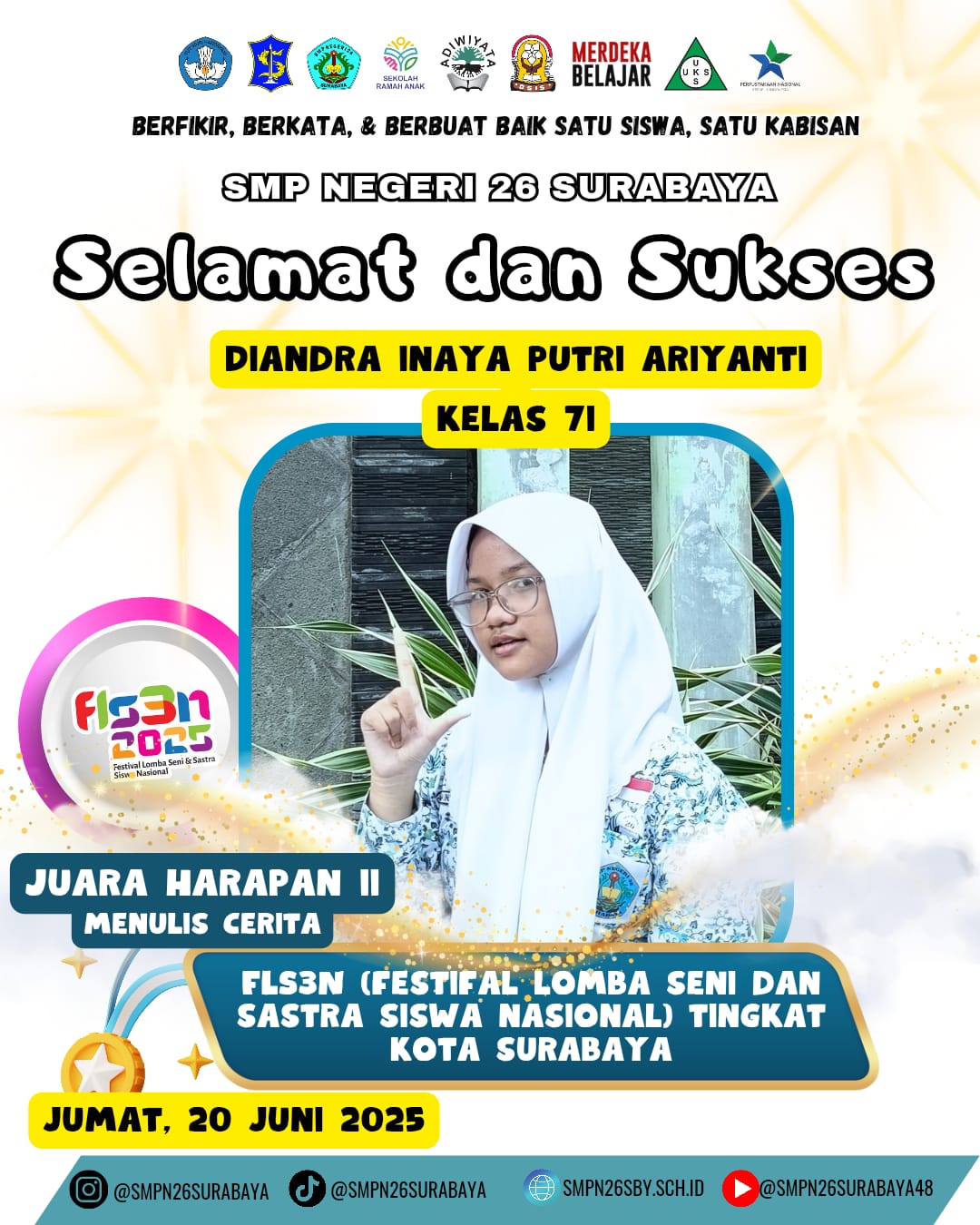 Selamat dan Sukses Juara Harapan II Menulis Cerita FLS3N Kota Surabaya